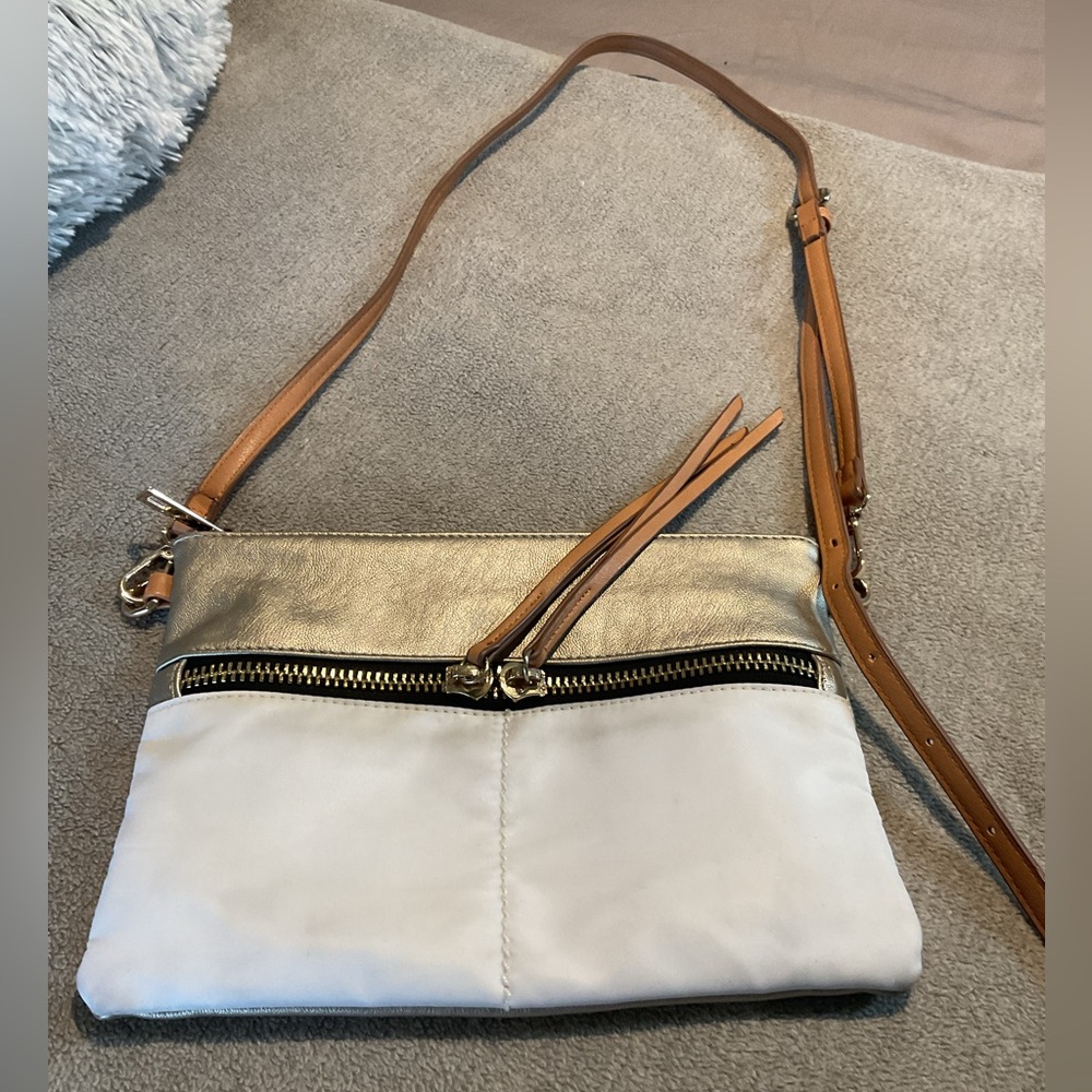 Sondra Roberts Squared gold and white cross shoulder bag.